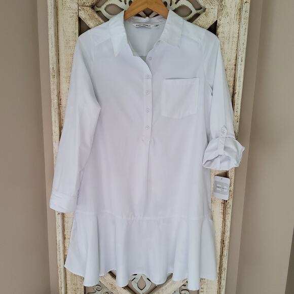 Emily Daniels Women's Small Roll Tab Sleeve Button Collar Flounce Dress in White - Picture 5 of 10